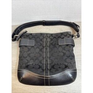 Coach Black Signature Shoulder Bag Logo With Leather Straps & Bottom